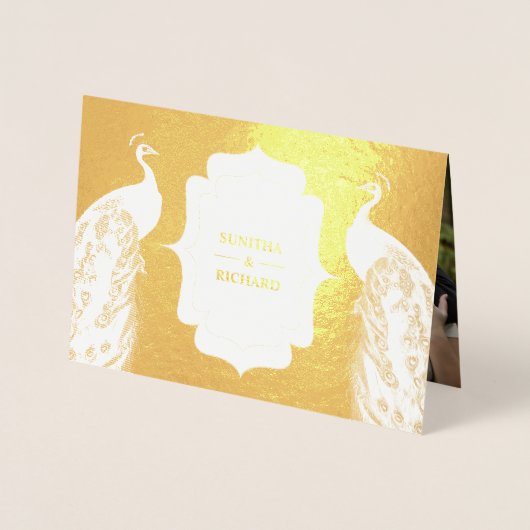 Gouden folie Groene pauw veer bruiloft uitnodiging (Voorkant)
