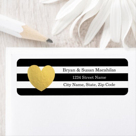 Gouden Folie Hart Zwart Streep Bruiloft Adres Labe Etiket (Insitu)