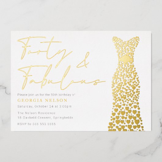 Gouden Folie Jurk Veertig & Fab 40e Verjaardagsfee Folie Uitnodiging (Voorkant)