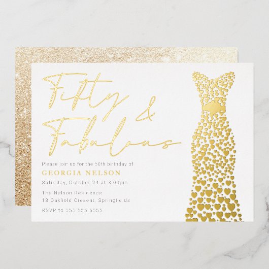Gouden Folie Jurk Vijftig & Fab 50ste Verjaardagsf Folie Uitnodiging (Voorkant / Achterkant)
