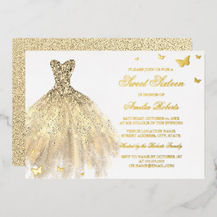 Gouden folie jurk vlinder Sweet Sixteen Uitnodiging