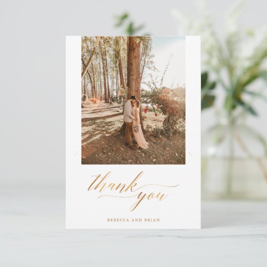 Gouden Folie Kalligrafie Custom 2 Foto Bruiloft Bedankkaart (Staand voorkant)
