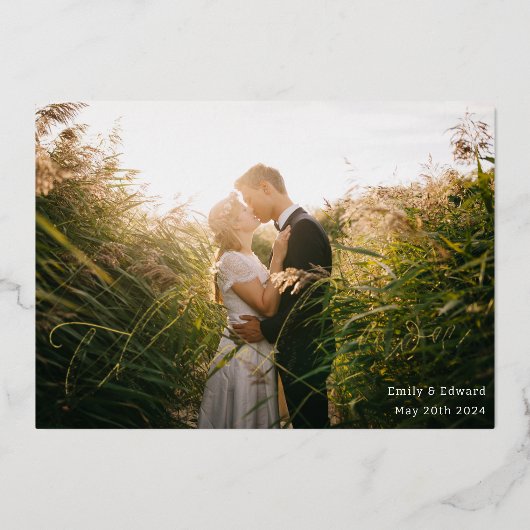 Gouden folie kalligrafie foto bruiloft dank u kaar folie uitnodiging (Voorkant)