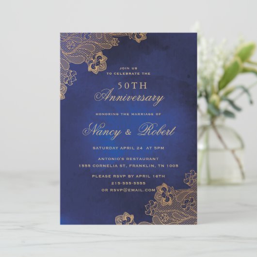 Gouden Folie Kant Blauw 50ste bruiloft Jubileum Kaart (Staand voorkant)