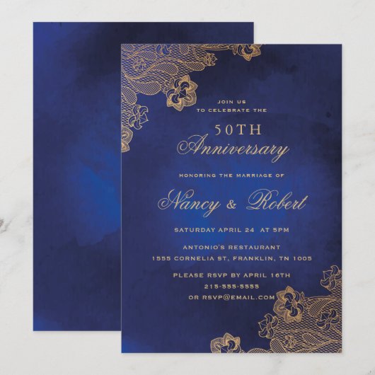 Gouden Folie Kant Blauw 50ste bruiloft Jubileum Kaart (Voorkant / Achterkant)