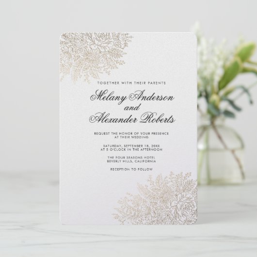 Gouden Folie Kant Elegante Huwelijksuitnodiging Kaart (Staand voorkant)