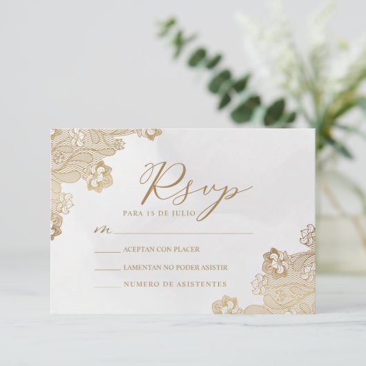 Gouden Folie Kant Nuestra Boda Wedding RSVP Kaart (Staand voorkant)