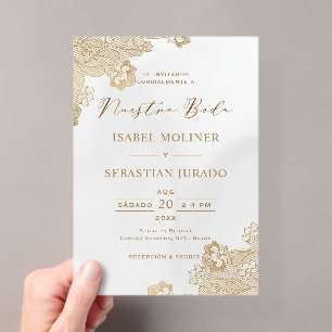 Gouden Folie Kant Sierlijk Nuestra Boda Spaanse Hu Acryl Uitnodigingen