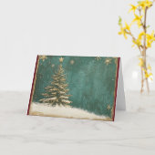 Gouden Folie Kerstboom op Turquoise Green Kaart (Gele Bloem)