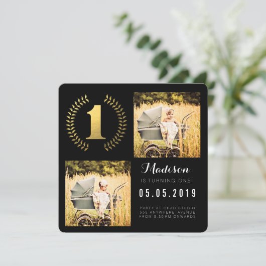 Gouden folie krans 1e verjaardag foto kaarten (Staand voorkant)