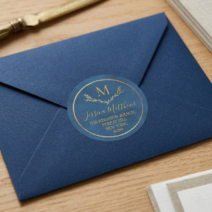Gouden Folie Krans Aangepast Monogram Retouradres Ronde Sticker