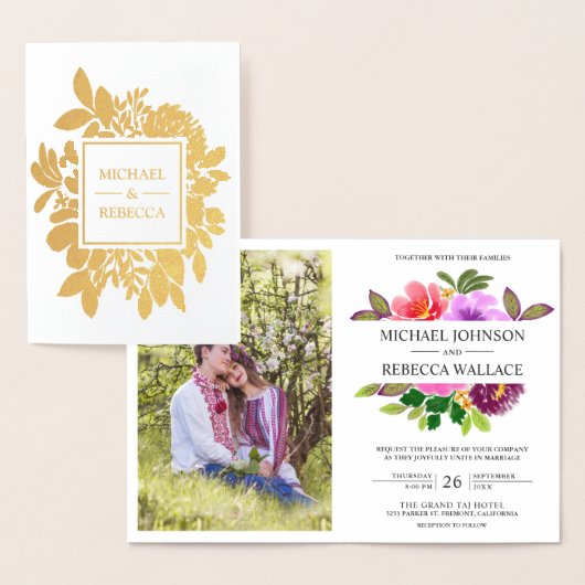 Gouden folie Levendige tuin Bloemen bruiloft uitno Folie Kaarten (Display)