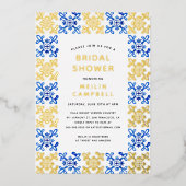 Gouden Folie Mediterraan Blauwe Tegel Bruidsdouche Uitnodiging (Voorkant)