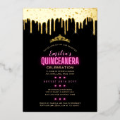 Gouden Folie Meisjesachtig Roze FOTO Verjaardag Qu Folie Uitnodiging (Voorkant)