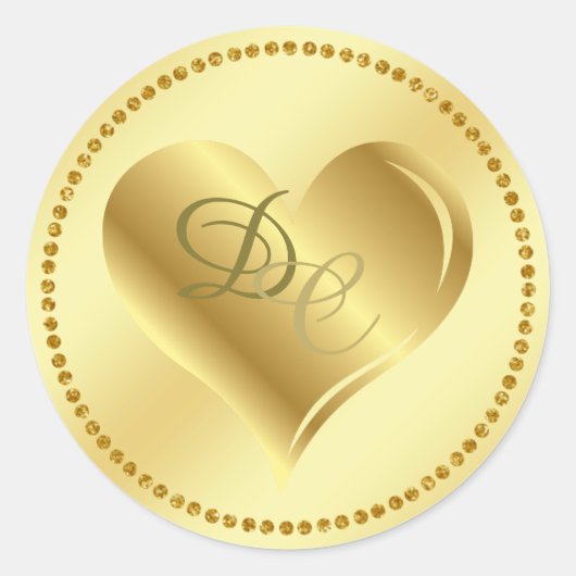 Gouden Folie Metallic Hart Monogram Bruiloft Stick Ronde Sticker (Voorkant)