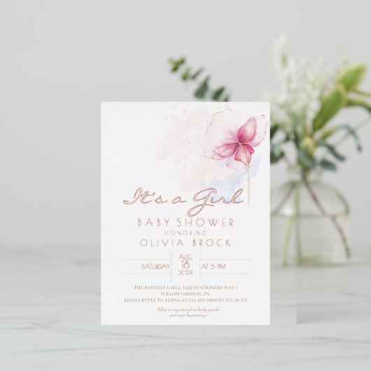 Gouden folie moderne meisje baby shower uitnodigin folie uitnodiging briefkaart (Staand Voorkant)