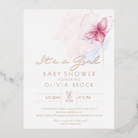 Gouden folie moderne meisje baby shower uitnodigin folie uitnodiging briefkaart (Voorkant)