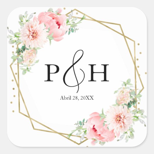 Gouden folie Monogram Geometrische bloemenbruiloft Vierkante Sticker (Voorkant)
