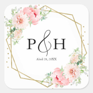 Gouden Folie Monogram Geometrische Bloemige Bruilo Vierkante Sticker