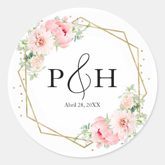 Gouden folie Monogram Geometrische Blush Bloemen B Ronde Sticker (Voorkant)