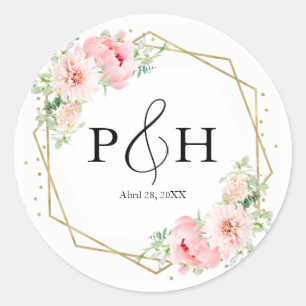 Gouden folie Monogram Geometrische Blush Bloemen B Ronde Sticker