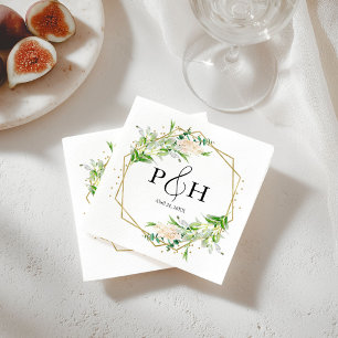 Gouden Folie Monogram Geometrische Groene Huwelijk Servet