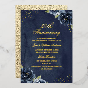 Gouden folie Navy Goud Bloemen Huwelijksjubileum U Uitnodiging