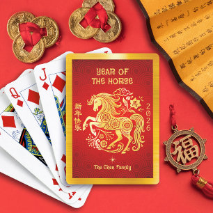 Gouden Folie Paard 2026 Chinees Nieuwjaar Rood Pokerkaarten