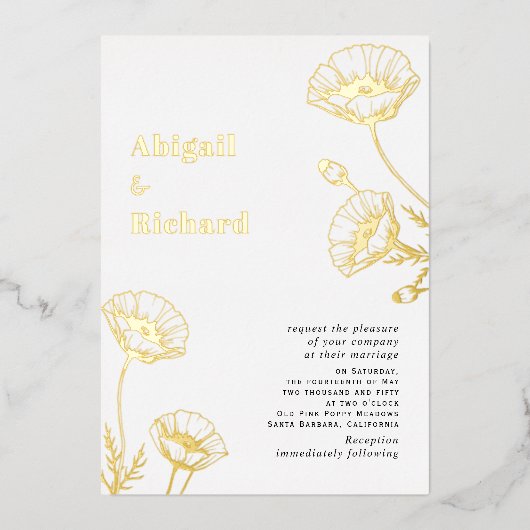 Gouden folie papavers wilde bloemen bloemenbruilof folie uitnodiging (Voorkant)