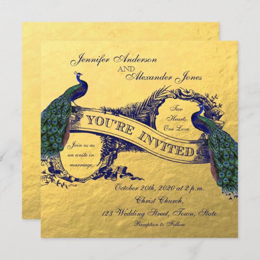 Gouden folie Peacock bruiloft uitnodiging (Voorkant / Achterkant)