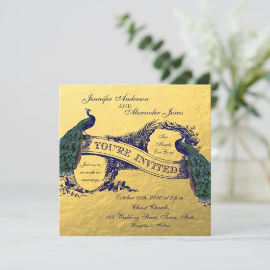 Gouden folie Peacock bruiloft uitnodiging (Staand voorkant)