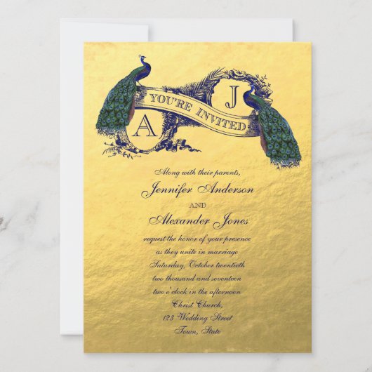 Gouden folie Peacock Vintage bruiloft uitnodiging (Voorkant)