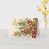 Gouden Folie Pine Kegels op Rode Pine Boughs Kaart (Gele Bloem)