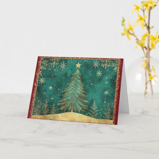Gouden Folie Pine Tree In Snowfall Kaart (Gele Bloem)