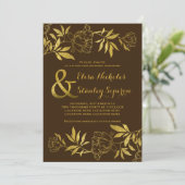 Gouden folie pioenen bloemenbruin bruiloft kaart (Staand voorkant)