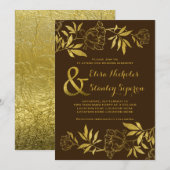 Gouden folie pioenen bloemenbruin bruiloft kaart (Voorkant / Achterkant)