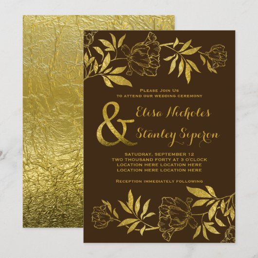 Gouden folie pioenen bloemenbruin bruiloft kaart (Voorkant / Achterkant)