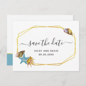 Gouden folie polygoon, zeeschelpen bruiloft Save t Aankondigingskaart (Voorkant / Achterkant)