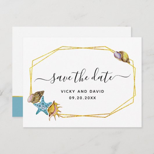 Gouden folie polygoon, zeeschelpen bruiloft Save t Aankondigingskaart (Voorkant / Achterkant)