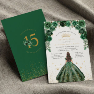Gouden Folie Quinceañera Smaragdgroene Bloemen Uitnodiging