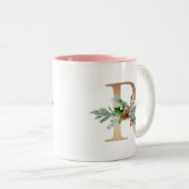 Gouden Folie R Monogram Pine & Berry Kerstmis Tweekleurige Koffiemok (Voorkant rechts)