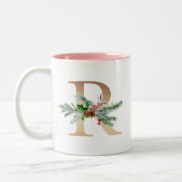 Gouden Folie R Monogram Pine & Berry Kerstmis Tweekleurige Koffiemok