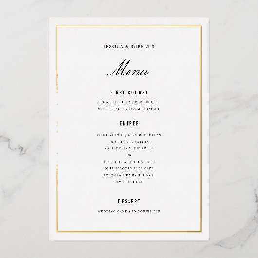 Gouden Folie Rand Elegante Trouwmenu Kaart (Voorkant)