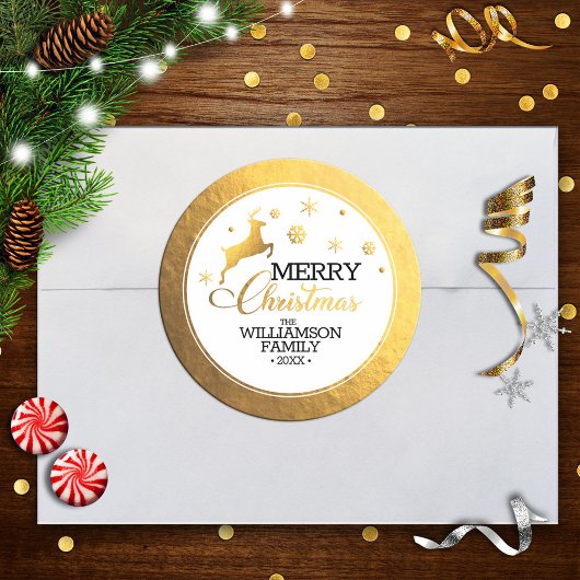 Gouden Folie Rendier Prettig Kerstfeest Ronde Sticker