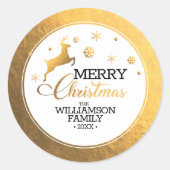 Gouden Folie Rendier Prettig Kerstfeest Ronde Sticker (Voorkant)