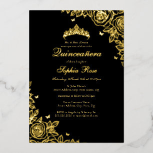 Gouden Folie Roos Zwarte Quinceanera Verjaardag Uitnodiging