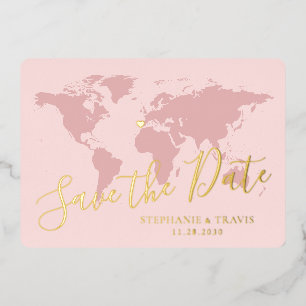 Gouden Folie Roze Wereldkaart Bestemming Save the  Uitnodiging