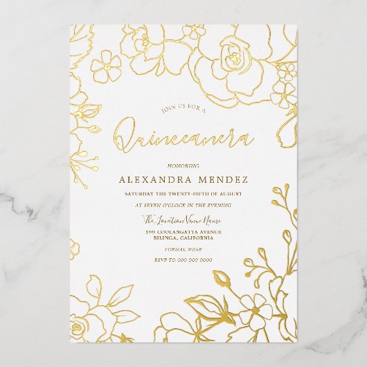 Gouden Folie Rozen Goudblad Quinceanera Feest Folie Uitnodiging (Voorkant)