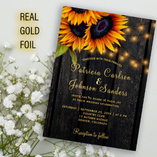 Gouden folie rustieke zonnebloemen schuur houten b uitnodiging