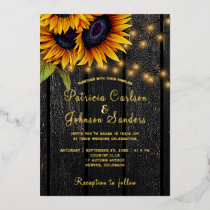 Gouden folie rustieke zonnebloemen schuur houten b uitnodiging